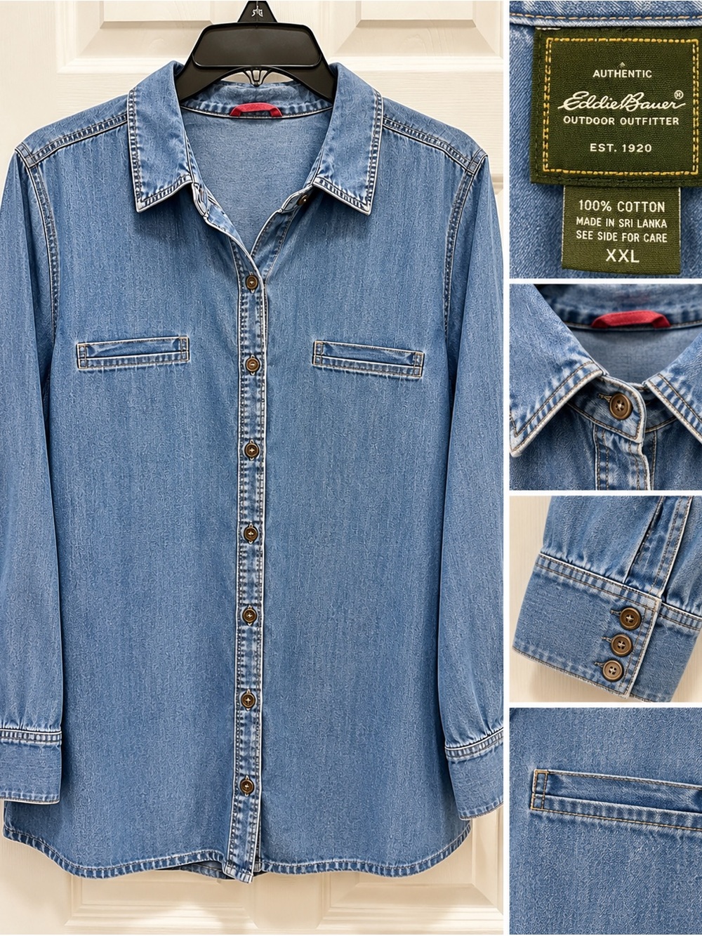 Eddie Bauer Women’s XXL Denim Button Down Shirt 100% Cotton Chambray